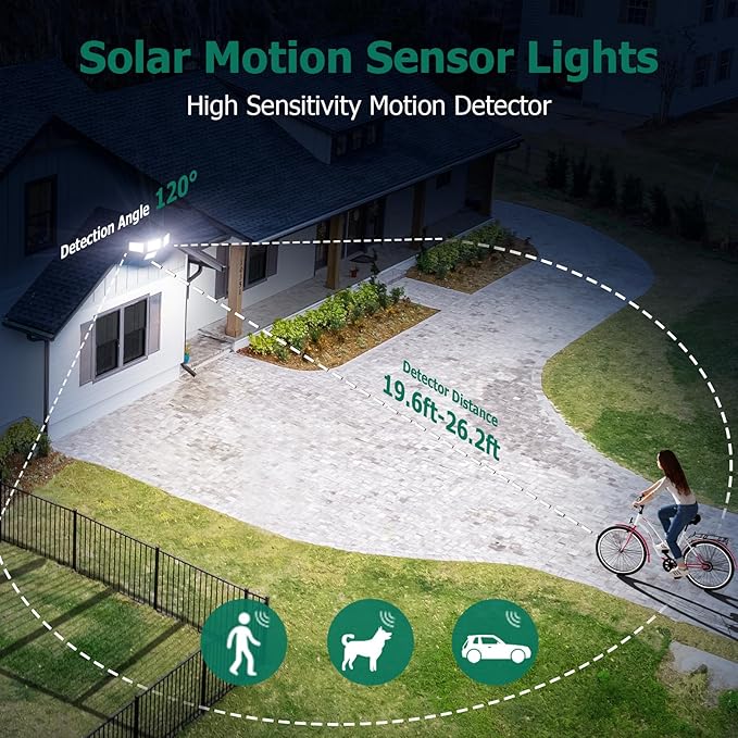 4500LM Solar Lights Outdoor, 4 Adjustable Heads Motion Sensor Lights, 3 Modes, 6500K, IP65 Waterproof Solar Security Wall Lights, Remote Control Flood Lights, Garden, Outside, Backyard, 2 Pack