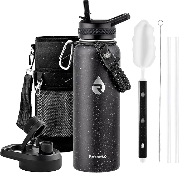 RAYMYLO Insulated Water Bottle 40 oz, Triple Wall Vacuum Stainless Steel (Cold for 36Hrs, Hot for 18Hrs), Leak Proof & Non-BPA, Modern Water Flask Jug with Paracord Handle & Straw Spout Lids
