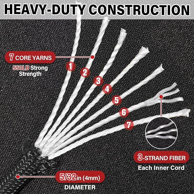 Paracord Rope 550 lb - 50ft 5/32" Parachute Cord 4MM 7-Strand para Cord - Heavy Duty Spool String for Survival,Camping Gear, Survival Bracelet, Clothesline - Black