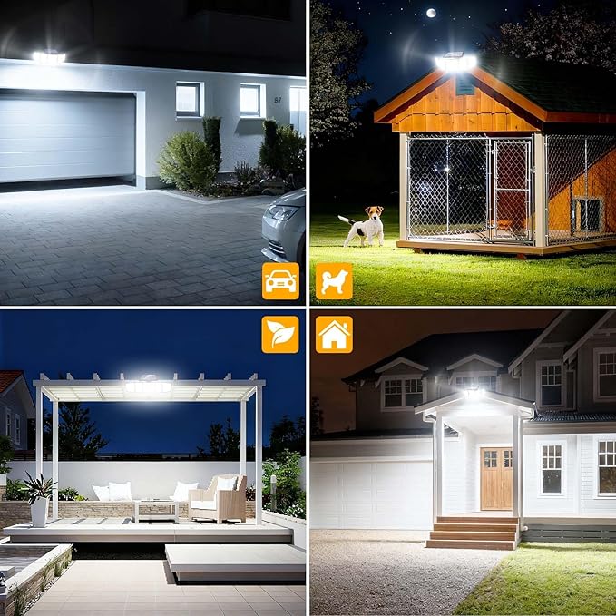 MDCMDCM Outdoor Solar Light Motion Sensor Waterproof - 3000 Lumens 3 Modes 416 LEDs 32ft 2400mAh 5 Heads Security Lights Flood Lights with Remote for Patio Yard Pool Outside （Wireless, 3p）
