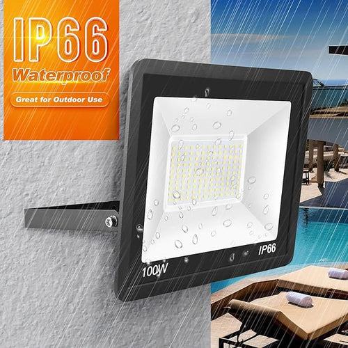 100W LED Flood Light Outdoor, 2Pack 10000LM Super Bright, IP66 Waterproof Outside Work Lights, 6500K Daylight White Security Lights, Plug in Flood Light for Yard Garage Garden Patio