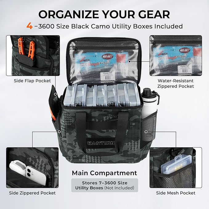 KastKing BaitSpace Fishing Tackle Bag With 4 Tackle Boxes & Removable Bait Binder, Water-Resistant Tackle Storage, Durable Fishing Gear, Adjustable Shoulder Strap
