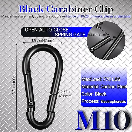 5 Pack 3.9" Heavy Duty Carabiner Clips, M10 Black Galvanized Steel Spring Snap Hooks, Rust-Resistant Keychain Clips for Hammock, Camping, Hiking, Fishing, Swing Set