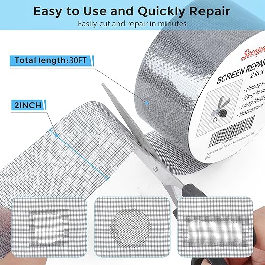 Secopad Grey Window Screen Repair Tape, 2IN X 30FT (360IN) Screen Repair Kit for Windows or Doors, Strong Adhesive Patch Kit Fiberglass Mesh Tape