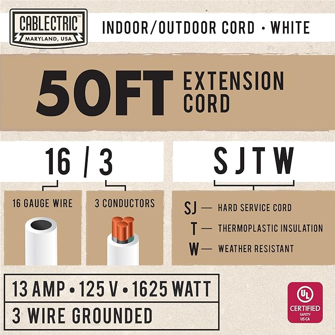50 Foot Outdoor Extension Cord - 16/3 SJTW White 16 Gauge Electrical Cable with 3 Prong Grounded Plug