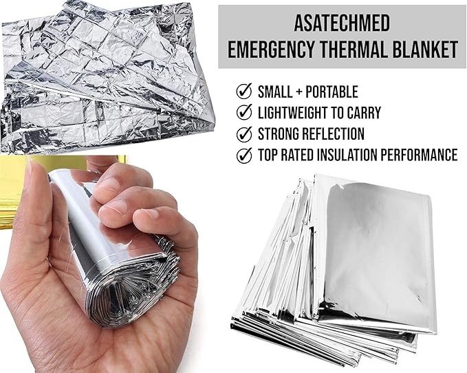 ASA TECHMED Emergency Mylar Thermal Blankets Bulk, Space Blanket Survival kit Camping Blanket, First Aid Kit for Outdoors, Survival, Hiking, Natural Disasters, First Aid, Marathons. 5 Pcs
