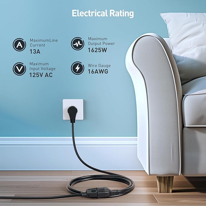[ETL Listed] Cable Matters 2-Pack 16 AWG 360° Rotating Flat Plug Extension Cord - 3ft, 13A/1625W, Low Profile 3 Prong Power Extension Cords, NEMA 5-15P to NEMA 5-15R, Black