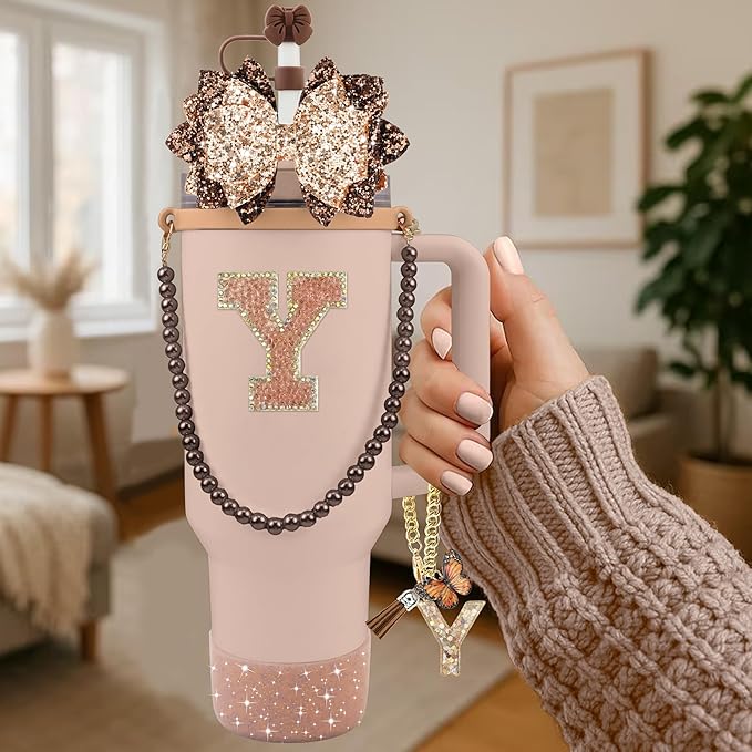 9PCS Brown for Stanley Cup Accessories Set Bling Initials Bow Charms for Stanley Decorations 30/40 Oz Tumbler Accessories Including Bow Straw Topper, Handle Strap, Spill Stopper（Letter Y）