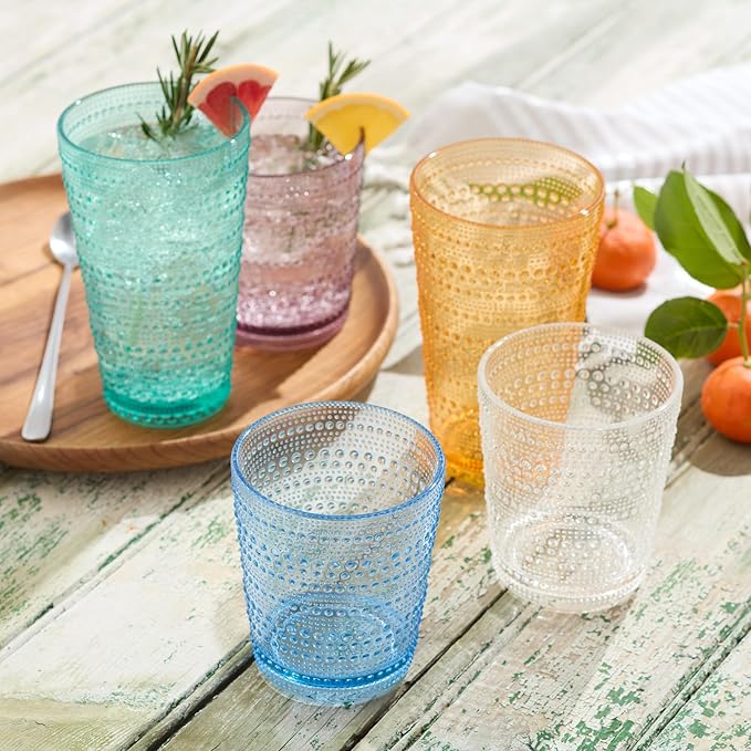 Santa Fe Plum Set of 6 Premium Acrylic DOF Glasses 16 oz – Unbreakable Drinkware with Textured Bubble Design, Dishwasher Safe Tumblers for Indoor & Outdoor Use