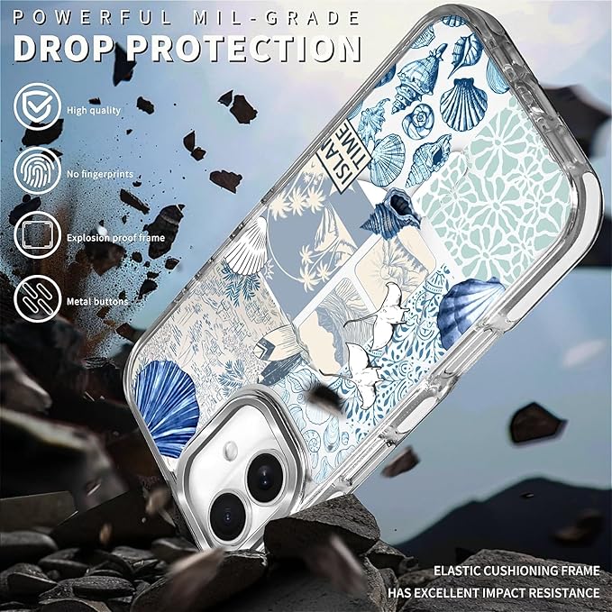 Case for iPhone 16,[Compatible with MagSafe],Sea Life Ocean Waves Seashell Collage Phone Case Design，for Women Girls Magnetic Clear Cover - Slim, Sleek, & Shockproof Protection
