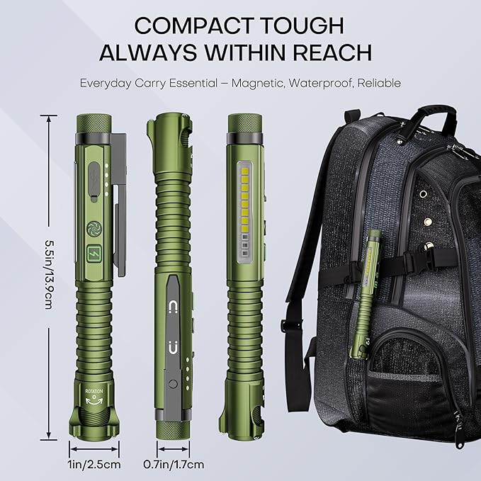 EDC Flashlight Rechargeable,800 Lumen Small Flashlight with Magnetic Clip & Base, 11 Modes LED Flashlight,Glass Breaker&Bottle Opener, USB-C Flashlight for Working,Home and Emergency