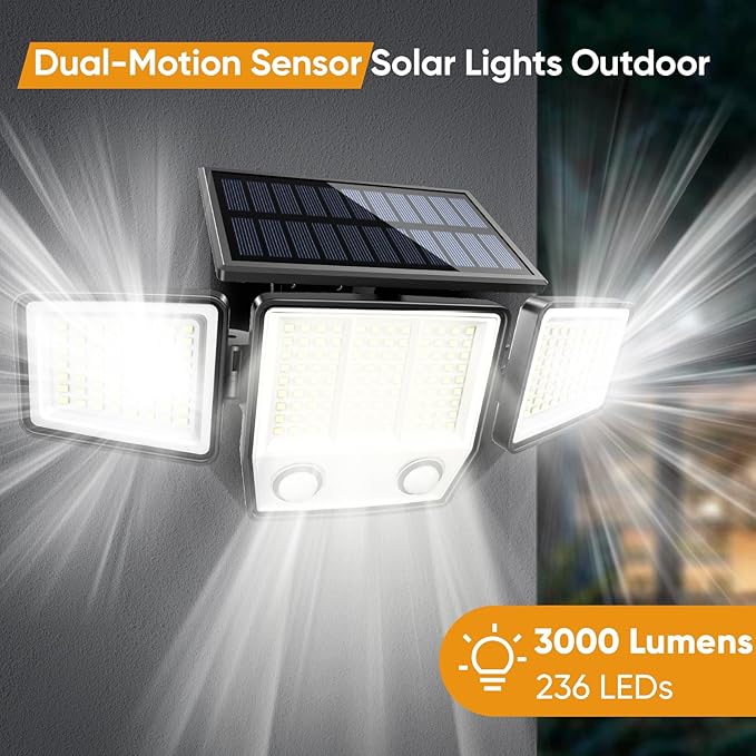 MDCMDCM Solar Motion Sensor Outdoor Lights Waterproof - 3000LM 3 Modes Security Lights Outdoor 270° Illumination IP65 LED Solar Flood Wall Light for Garden Yard Patio Pathway (Modern, 3)