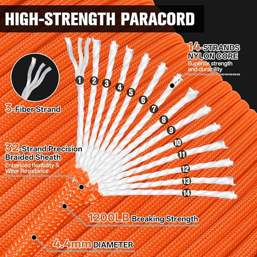 1200 Paracord Rope - 4.4mm 14 Strand Nylon Parachute Spool para Cord Lanyard for Outdoor Camping Survival Utility Tent Crafting DIY Projects Fishing Clothsline Bracelet - Orange 500FT