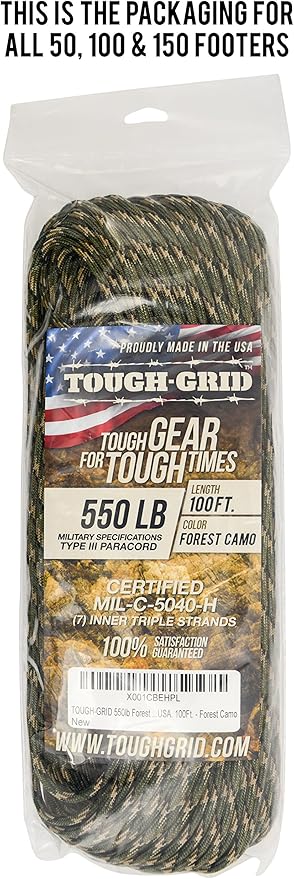 TOUGH-GRID 550 Paracord, Type III Mil-Spec Nylon Rope - 50 Ft Forest Camo Tactical Survival Cord