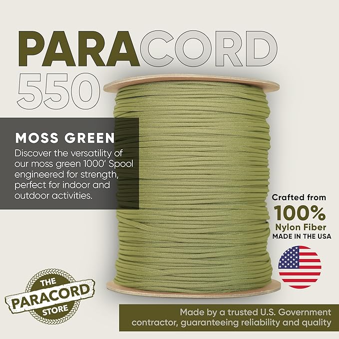 The Paracord Store | Type III 550 Paracord - 1000 FT Spool, Moss Green | Heavy Duty 7 Strand Tactical Paracord - USA Made Nylon Outdoor Parachute Cord for Camping, Fishing & More - Survival Cord