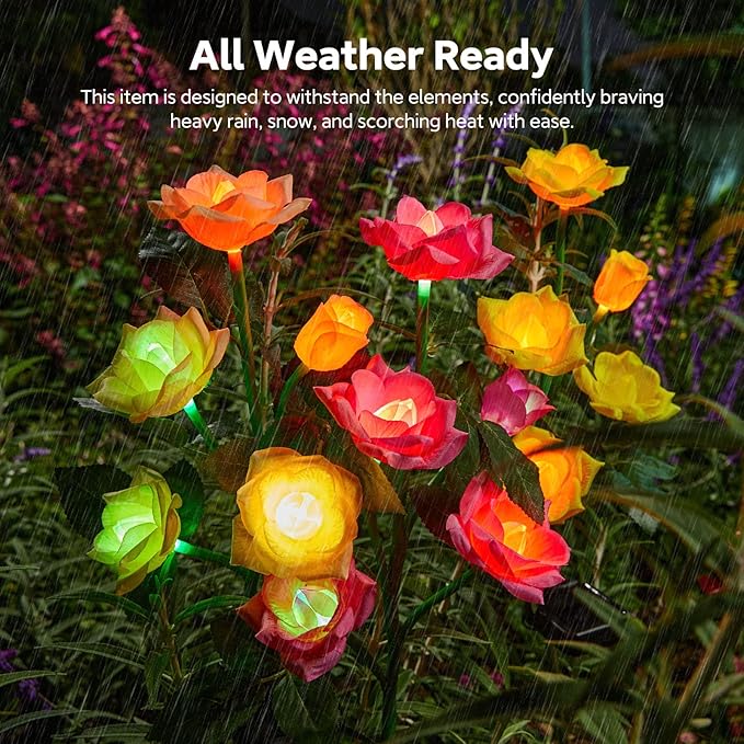 Solar Garden Lights, 6 Pack Upgraded Garden Decor LED Lights with 30 Rose Flowers, IP65 Waterproof 7 Color Changing Flowers, Outdoor Solar Lights for Garden Decorations, Gifts for Valentine's Day