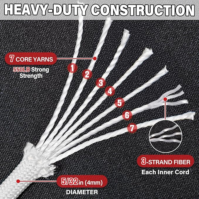 Paracord Rope 550 lb - 100ft 5/32" Parachute Cord 4MM 7-Strand para Cord - Heavy Duty Spool String for Survival,Camping Gear, Survival Bracelet, Clothesline - White