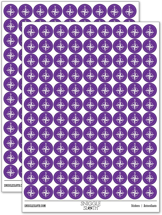 Compass Rose Nautical Star Navigation Map 200+ Round Stickers - Matte Finish - 0.50" Size - Purple
