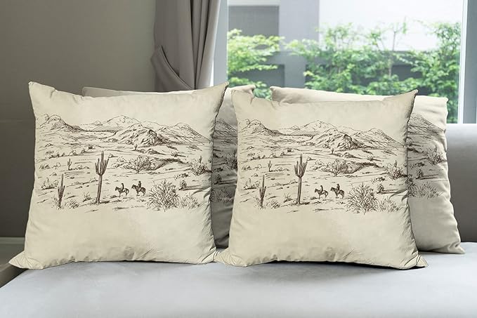 Ambesonne Western Decorative Throw Pillow Case Pack of 4, Wild West Landscape Illustration Mountains Desert Plants Cowboys on Horses, Cushion Cover for Couch Living Room Car, 20", Beige Black