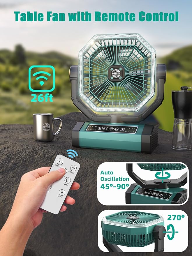 Portable Rechargeable Fan - 9-Inch Camping Fan for Tent, 24000mAh(60Hrs) Battery Operated Fan for Camping, Auto Oscillation Cordless Fans, Tent Fan with Remote/Light, 4 Speeds, 4 Timing, Outdoor