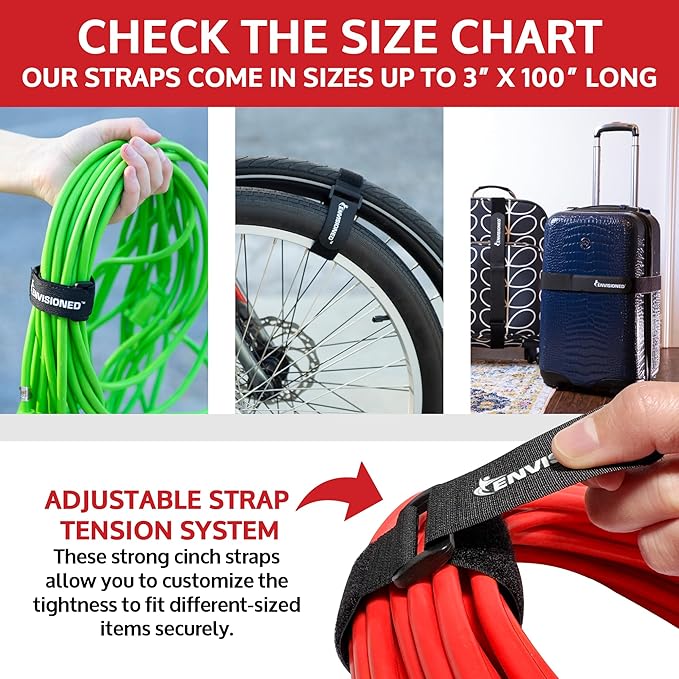 Reusable Cinch Straps 1" x 30" - 10 Pack Multipurpose Quality Hook and Loop Securing Straps (Black)