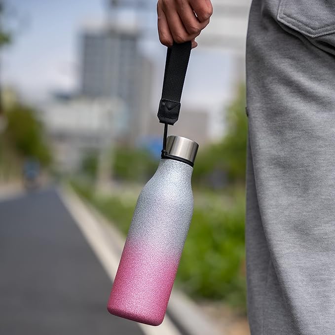 BJPKPK Insulated Water Bottles, 18 oz Stainless Steel Metal Water Bottle with Strap, BPA Free Leak Proof Jugs,Mugs,Flasks, Reusable Thermal Flasks for Sports & Travel, Sparkling Silver Blue
