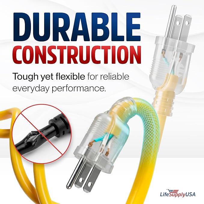 25ft Outdoor/Indoor Extension Cord 14/3 Gauge Heavy Duty 3 Prong SJTW, Waterproof, Flexible Cold-Resistant Long Power Cord,15A 125V 1625 W, Yellow by LifeSupplyUSA