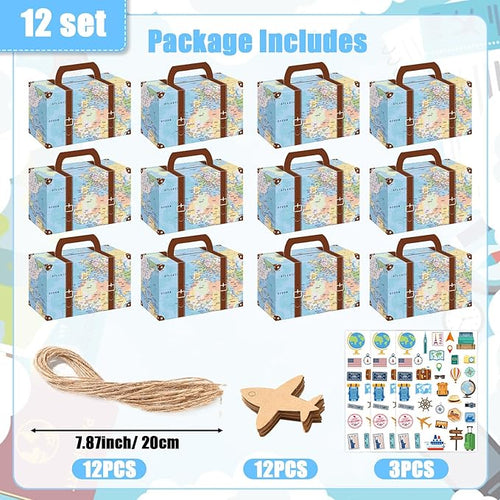 12Pcs Large Suitcase Party Favor Boxes Travel The Map Paper Treat Box with Tags Birthday Supplies Travel Theme Candy Goodie Gift Boxes for Birthday Baby Shower Wedding Adventure Party Table Decoration