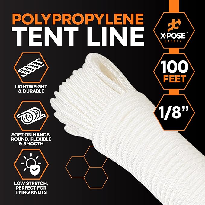 Line Nylon Cord - 100 Ft White Reflective Guyline - Camping Rope, Guy Lines, Tie Down Rope - Tent Accessories & Cordage (Pack of 2)