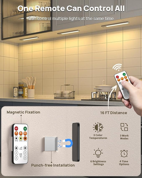 12" Under Cabinet Lights Wireless, Motion Sensor Light Indoor with Remote, LED Rechargeable Closet Light, 3 Color Temps, Dimmable, Magnetic, Under Counter Lights for Kitchen, Stairs, Pantry, Hallway