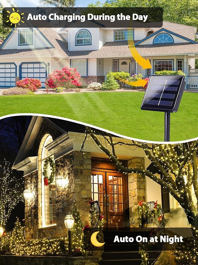 2 Pack Total 400 LED Solar Christmas Lights Outdoor, Solar String Lights for Outside with 8 Modes, Waterproof Green Wire Solar Powered Tree Light for Xmas Party Yard Garden Decorations (Warm White)