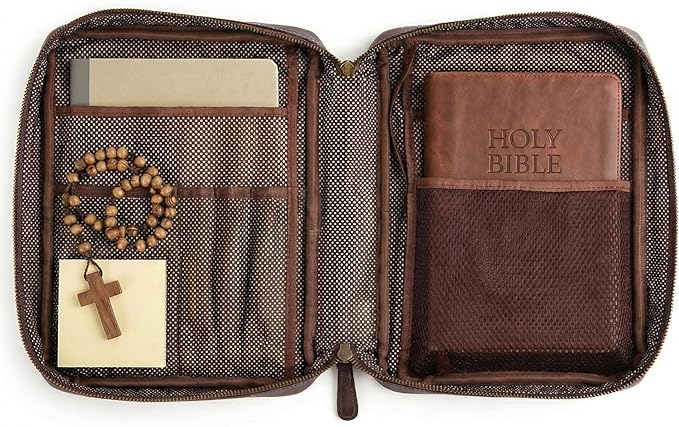 LEATHER VILLAGE Genuine Leather Bible Cover with Zipper for Men & Women - Large Bible Case Carrying Bag Book Cover & Organizer with Handle and Pockets - Leather Bible Covers for Church Study - Cherry