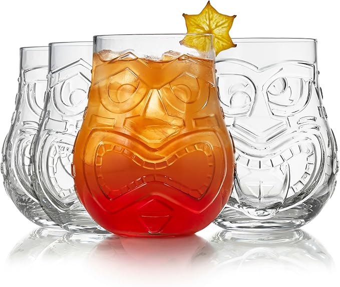 Libbey Tiki Split Glass Tumbler Set, Vintage-Style Quirky Drinking Glasses Set of 4, Exotic, Tall Drinking Glass Cups for Backyard Luau or Pool Party