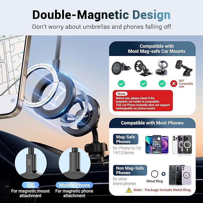 Double Magnetic Phone Umbrella,UPF45+ Magnetic Phone Sunshade Shield for Sun with 360°Adjust & Black Anti-UV Coating,Cellphone Umbrella Compatible with Magsafe Phone-Grip/Magsafe Car Phone-Mount