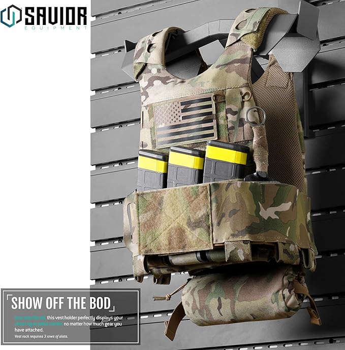 Savior Equipment Wall Rack System Tactical Vest Attachment Gear Wall Mount Display Rack Organizer, Adjustable Width, Heavy-Duty Steel Construction Hold Up to 40 lbs