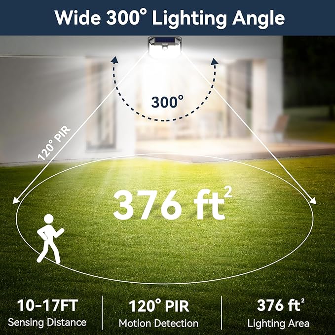 TECKNET 231 LED Solar Motion Lights Outdoor, 300° Angle & 3 Lighting Modes, PIR Motion Sensor & IP65 Security Solar Wall Lights for Fence Front Door Yard Deck Garden Garage(4 Pack)