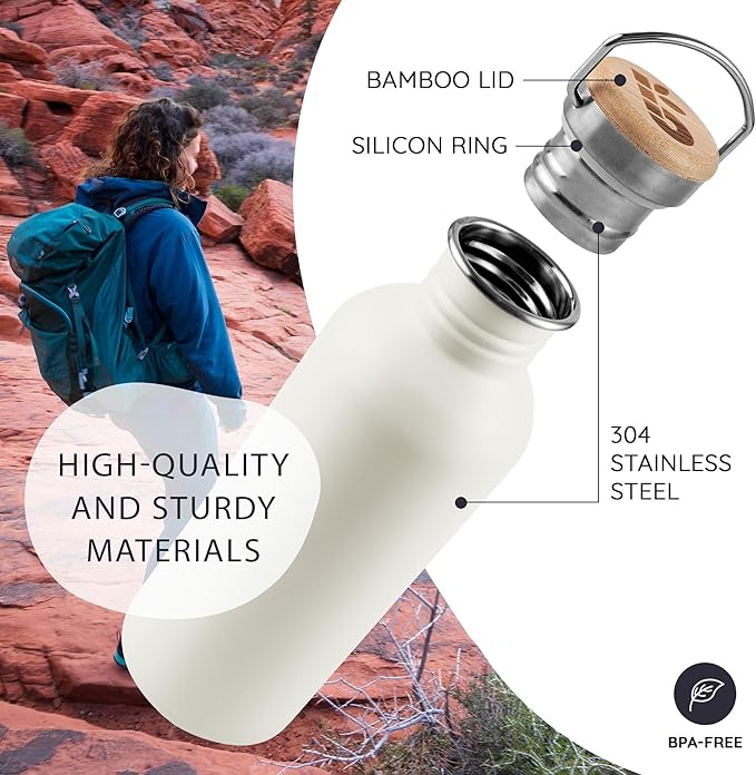 Bambaw 500 ml Stainless Steel Water Bottle, White Water Bottle, Non-Insulated Sports Stainless Steel Children's Bottle, Reusable – Polar White