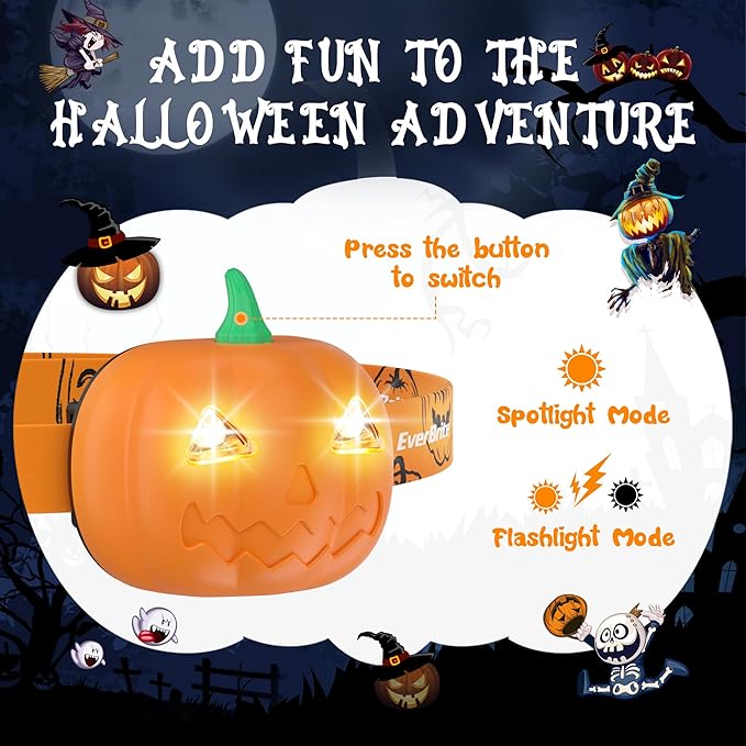 EverBrite Halloween Pumpkin Headlamp 5 Pack, 2 Modes LED Head Lamp Adjustable Headband, Pumpkin Lights Party Favors, Orange Spot & Strobe Lights Halloween Gifts