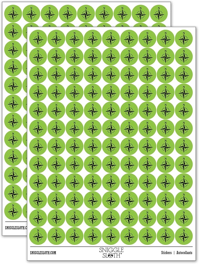 Compass Rose Nautical Star Navigation Map 200+ Round Stickers - Matte Finish - 0.50" Size - Light Green