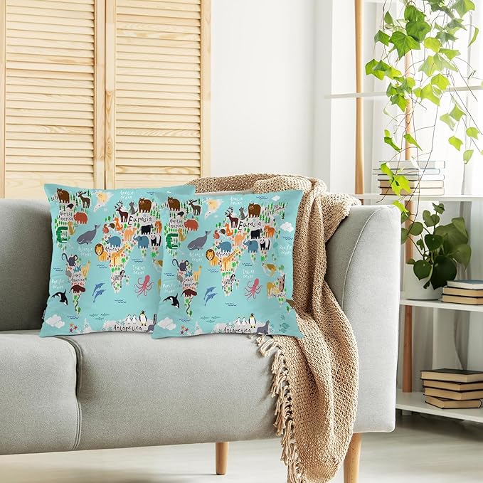 Swono World Map Throw Pillow Covers, Cartoon Forests Animal Map of The World Set of 2 Pillow Cases Decorative 18 X 18 Inches, Soft Cushion Cover Pillowcases for Bedroom, Living Room, Cushion Sofa