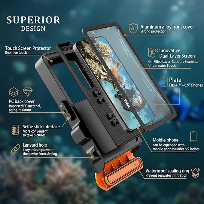Diving Phone Case for iPhone 17 16 15 14 13 Pro Max Galaxy S25 S24 S23 Ultra, 50ft/15m Professional Waterproof Underwater Case with Real Touchscreen, Universal Camera Housing for Snorkeling (Black)