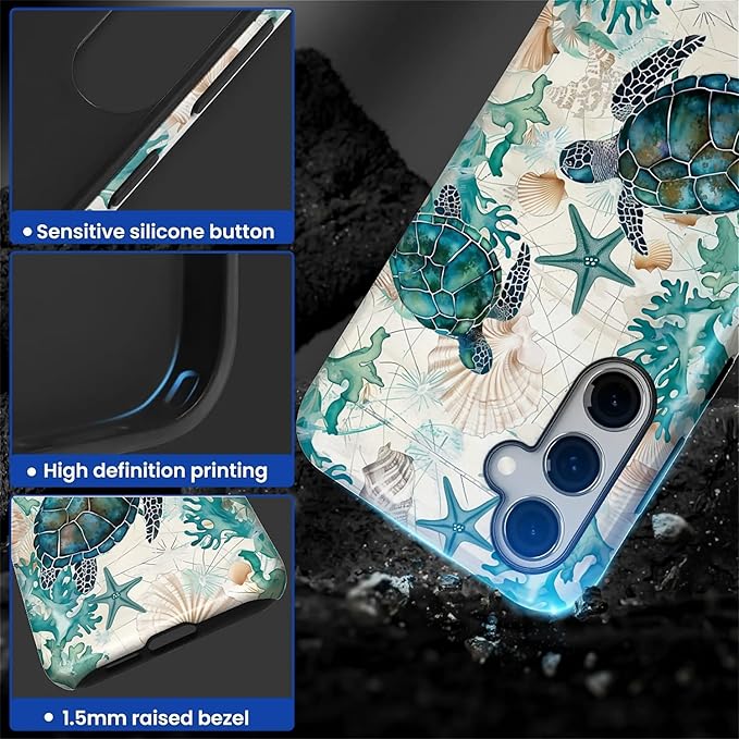 for Samsung Galaxy S23 FE Case,HL2 Ocean Sea Turtle Nautical Map Hybrid 2 Layer Hard Shell Silicone Protective Pattern Design Case