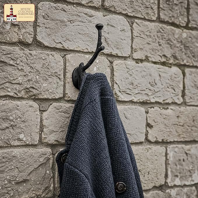 Mystic Colonial Rustic Cast Iron Wall Hooks, Heavy Duty Retro Utility Hooks for Hanging Coat, Bag, Towel, Robe, Hat and More, Pack of 10, Black