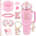 9PCS Pink for Stanley Cup Accessories Set Bling Initials Bow Charms for Stanley Decorations 30/40 Oz Tumbler Accessories Including Bow Straw Topper, Handle Strap, Spill Stopper（Letter E）