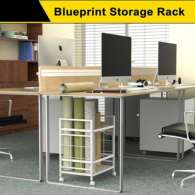 GIOTORENT Blueprint Storage Rack, Blueprint Holder with Wheels, Used for Storing Map/Poster/Blueprint/Architectural Construction Plan, 12 Slots, 2 Brakes, Silent Wheel for Home, Office, School(White)