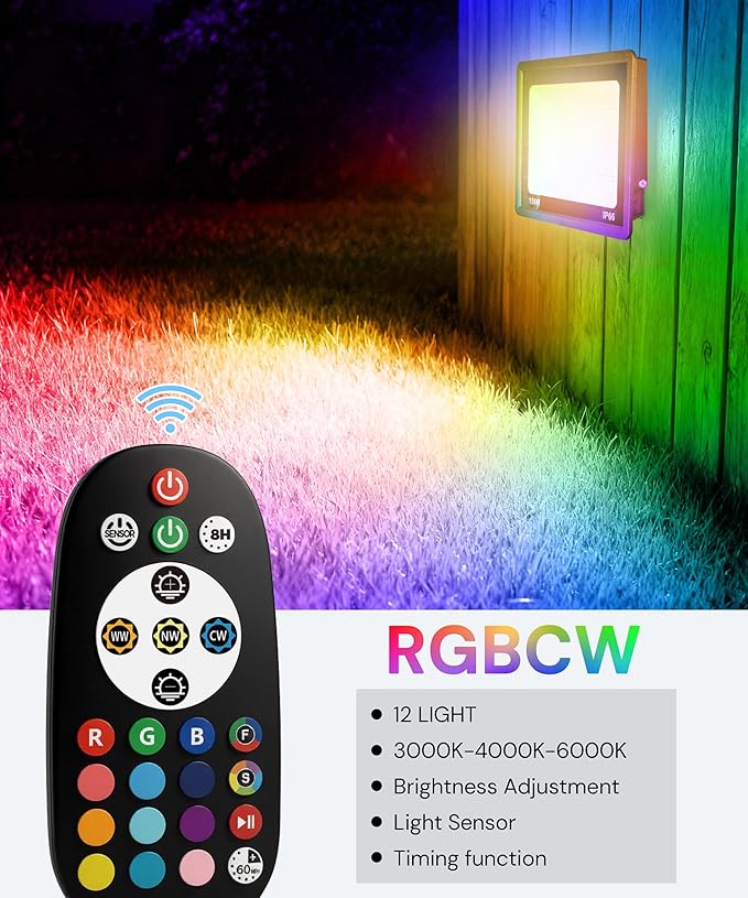 L LOHAS LED 150W Flood Light Outdoor, RGB Landscape Lighting with Remote Control, Timing - 2700K/4500K/6500K - Color Changing for Patio Backyard Step Wall, IP66, US 3-Plug, UL Listed (2 Pack)