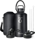 Trebo One Gallon Water Bottle Insulated with Paracord Handle,128oz Large Vacuum Triple Wall Stainless Steel Insulated Jug with Straw Spout Handle Lids, Leakproof Keep Cold & Hot,Black