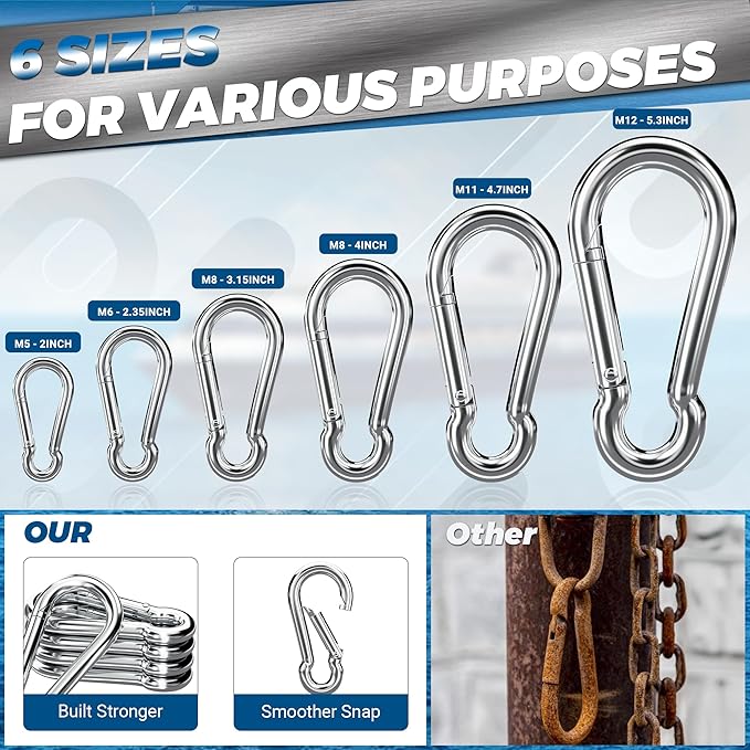 sprookber 316 Stainless Steel Carabiner Clip, Marine Grade Heavy Duty Spring Snap Hook for Outdoor, Boat, Hammock, Set of 5