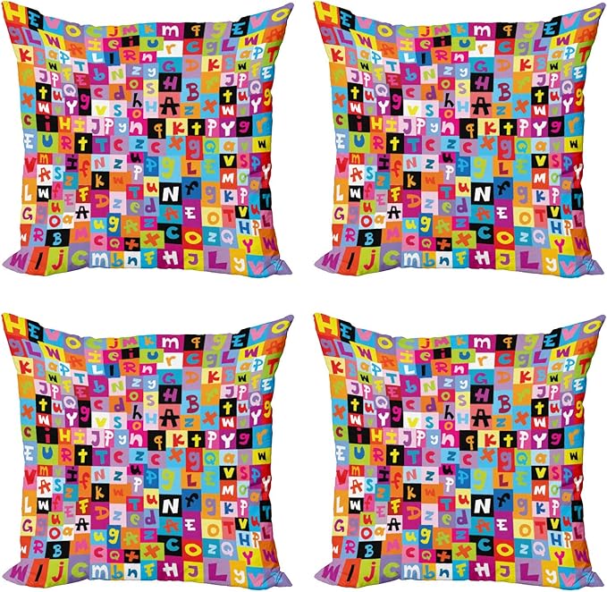 Ambesonne Abstract Throw Pillow Cushion Case Pack of 4, Colored Alphabet Letters Pattern Game Graphic Print, Modern Accent Double-Sided Digital Printing, 16", Multicolor