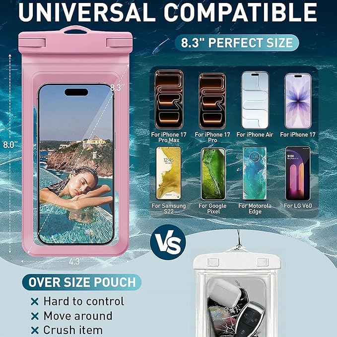 Waterproof Phone Pouch, with Interior Card Pocket, Large Waterproof Phone Case for iPhone 17 16 15 14 Pro Max, IPX8 Lightweight Cellphone Dry Bag, Beach Cruise Ship Essentials,2 Pack-Pink-8.3″